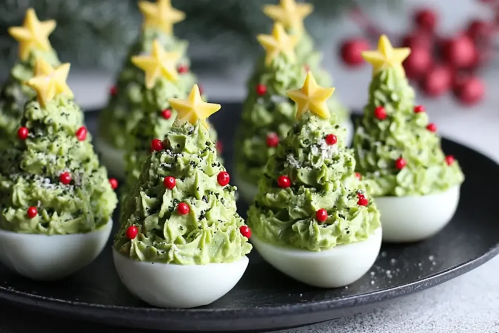 Close-up of festive Deviled Egg Christmas Trees topped with yellow pepper stars and red pepper ornaments on a holiday serving platter.