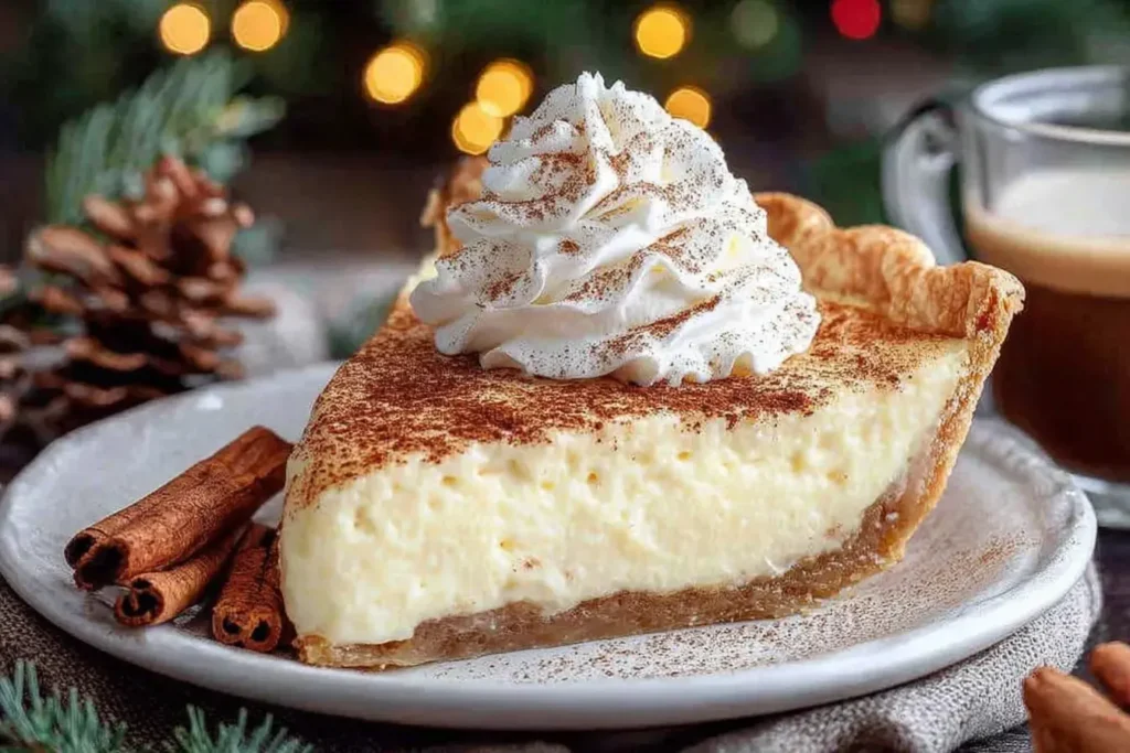 A slice of Christmas Eve Cinnamon-Vanilla Custard Pie topped with whipped cream and cinnamon on a plate with festive holiday decor.