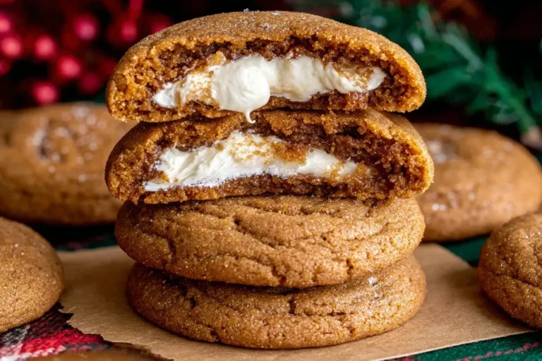 Gingerbread Cheesecake Cookies stacked with a creamy cheesecake filling exposed in a soft gingerbread cookie.