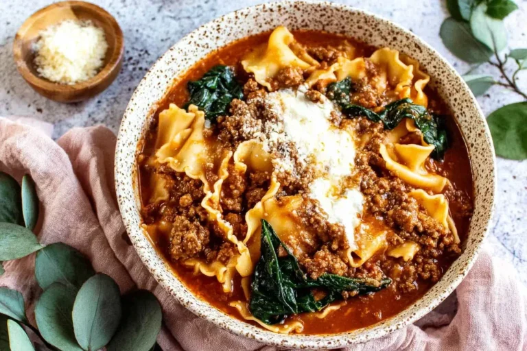 One Pot Lasagna Soup served in a rustic bowl with lasagna noodles, beef, spinach, and creamy ricotta on top.