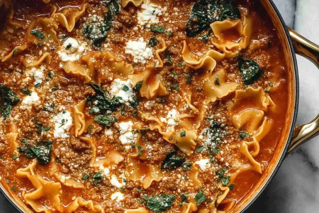 One Pot Lasagna Soup simmering in a pot with lasagna noodles, rich tomato broth, spinach, and melted cheese.