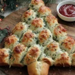 Golden, pull-apart Cheesy Christmas Tree Bread topped with melted mozzarella and herbs, served with marinara sauce for dipping on a festive wooden board.
