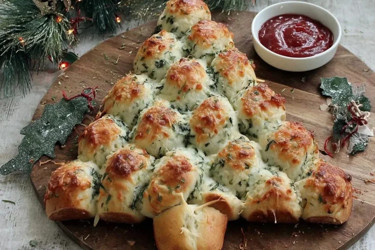Golden, pull-apart Cheesy Christmas Tree Bread topped with melted mozzarella and herbs, served with marinara sauce for dipping on a festive wooden board.