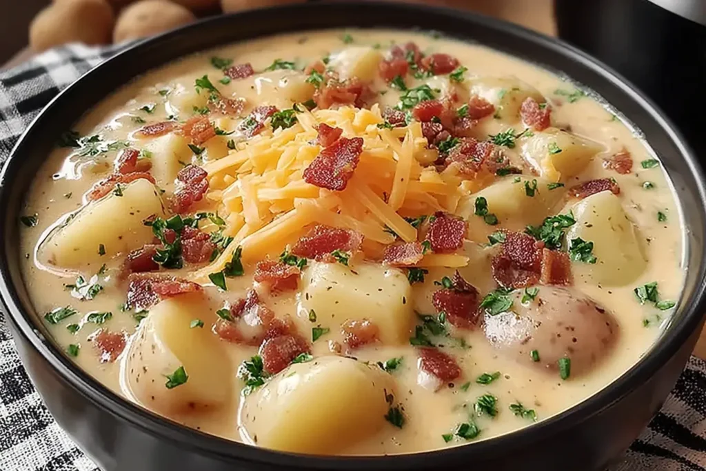 Creamy Crock Pot Crack Potato Soup topped with cheddar cheese, crispy bacon, and fresh herbs in a black bowl.
