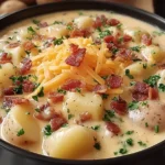 Creamy Crock Pot Crack Potato Soup topped with cheddar cheese, crispy bacon, and fresh herbs in a black bowl.