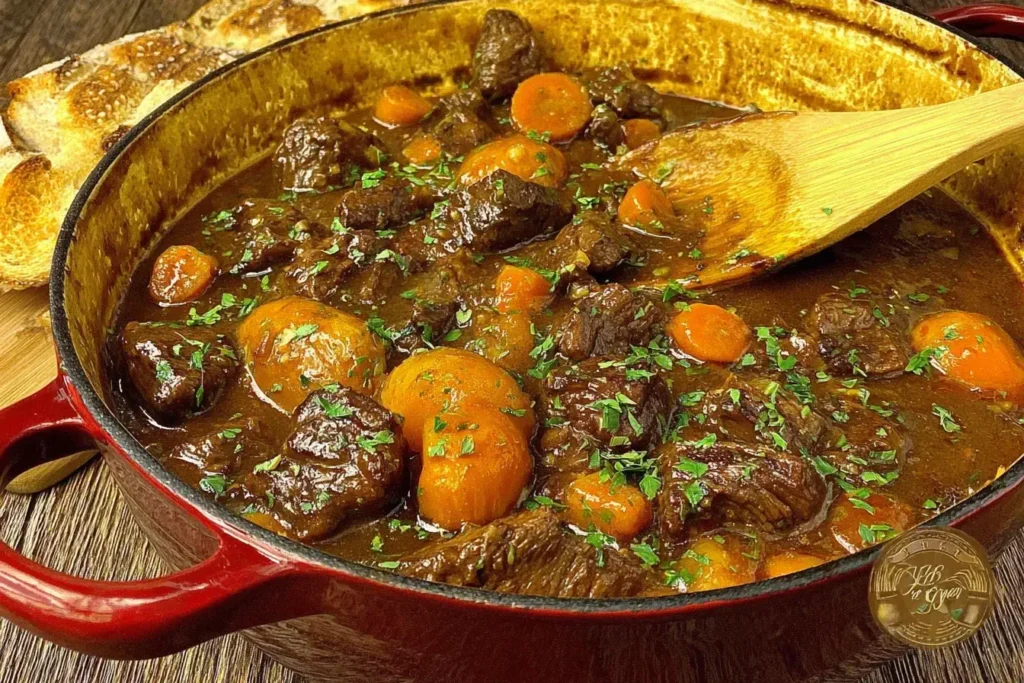 Anthony Bourdain’s Beef Bourguignon in a red Dutch oven with tender beef and carrots simmering in a rich, glossy sauce.