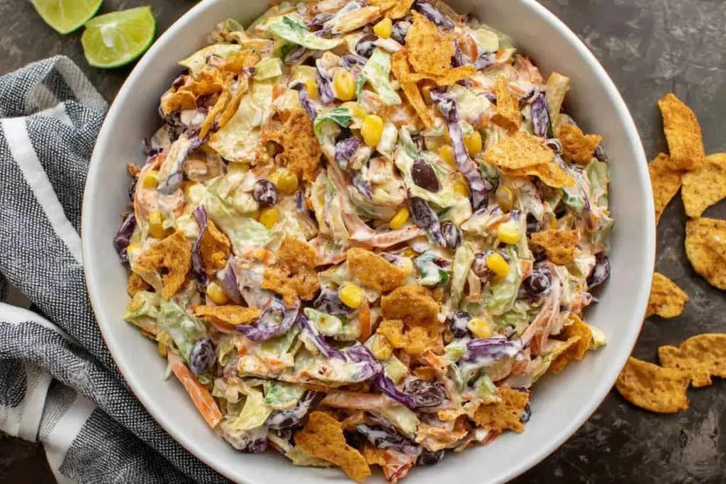 Close-up of creamy Frito Cowboy Cabbage salad with crunchy Fritos, black beans, corn, and colorful cabbage in a chipotle dressing.