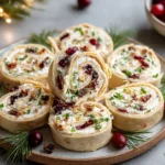 Savory Christmas Cranberry Roll Ups arranged on a festive holiday platter with creamy filling, dried cranberries, and fresh herbs.