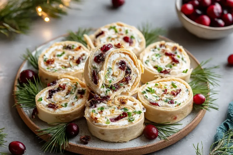 Savory Christmas Cranberry Roll Ups arranged on a festive holiday platter with creamy filling, dried cranberries, and fresh herbs.
