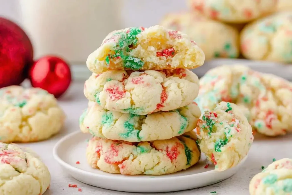 Stack of Christmas Gooey Butter Cookies with red and green sprinkles, showing their soft, chewy texture and festive holiday colors.