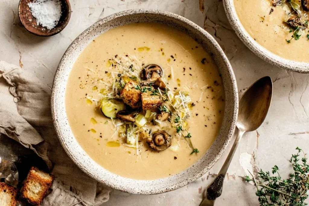 Creamy Ratatouille Soup topped with mushrooms, croutons, herbs, and grated cheese in a rustic bowl.