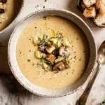 Creamy Ratatouille Soup served in rustic bowls with mushrooms, herbs, and crunchy croutons on top.