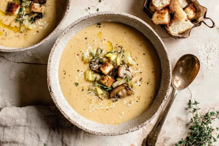 Creamy Ratatouille Soup served in rustic bowls with mushrooms, herbs, and crunchy croutons on top.
