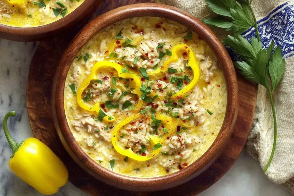 Top view of creamy Orzo Stuffed Banana Peppers Soup in wooden bowls with sliced yellow peppers and fresh herbs.