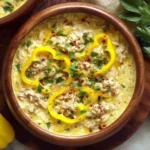 Top view of creamy Orzo Stuffed Banana Peppers Soup in wooden bowls with sliced yellow peppers and fresh herbs.