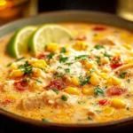 A warm bowl of Mexican Street Corn White Chicken Chili topped with sweet corn, tomatoes, cilantro, and lime slices for a vibrant, creamy finish.
