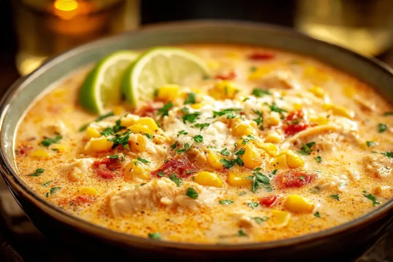 A warm bowl of Mexican Street Corn White Chicken Chili topped with sweet corn, tomatoes, cilantro, and lime slices for a vibrant, creamy finish.