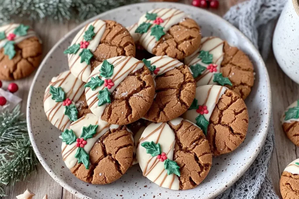 A plate of Chewy Maple Cinnamon Cookies with White Chocolate decorated with holly and berry sprinkles, showing festive drizzles and crackled cookie tops.