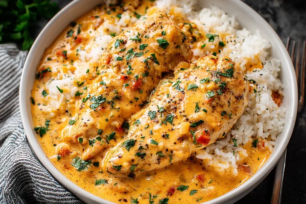 Creamy Crockpot Ranch Chicken served over fluffy white rice with rich ranch-seasoned sauce and fresh herbs.