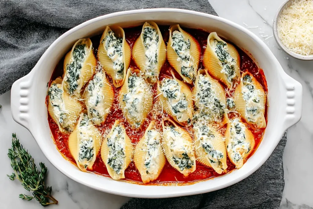 Christmas Stuffed Shells baked in a white dish with creamy spinach ricotta filling over marinara sauce.