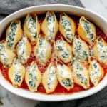 Christmas Stuffed Shells baked in a white dish with creamy spinach ricotta filling over marinara sauce.