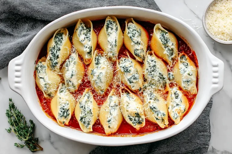 Christmas Stuffed Shells baked in a white dish with creamy spinach ricotta filling over marinara sauce.