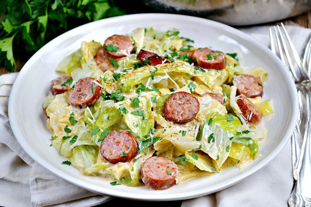 Plated Keto TikTok Cajun Sausage Cabbage Alfredo with creamy cabbage, sliced Andouille sausage, Parmesan, and parsley on a white plate.