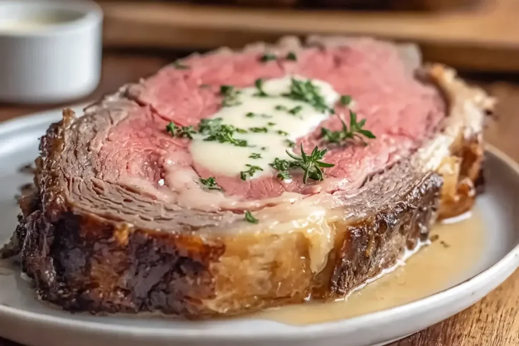 Slice of Classic Christmas Prime Rib topped with creamy horseradish sauce and fresh herbs on a white plate.