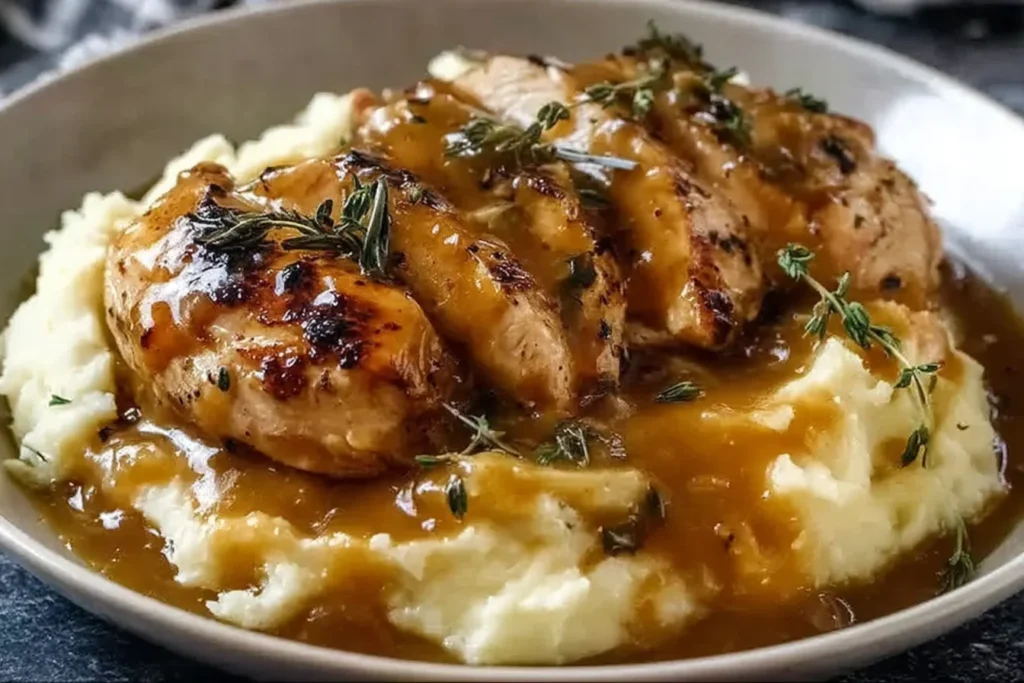 Chicken and Garlic Gravy with Cheesy Mashed Potatoes topped with golden seared chicken, rich garlic gravy, and fluffy mashed potatoes in a rustic bowl
