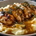 Chicken and Garlic Gravy with Cheesy Mashed Potatoes topped with golden seared chicken, rich garlic gravy, and fluffy mashed potatoes in a rustic bowl
