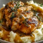 Chicken and Garlic Gravy with Cheesy Mashed Potatoes served in a bowl with tender seared chicken, rich garlic gravy, and creamy mashed potatoes