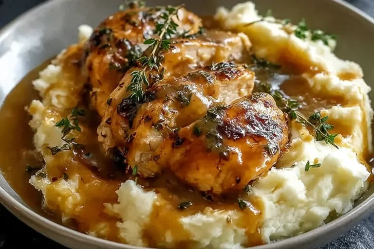 Chicken and Garlic Gravy with Cheesy Mashed Potatoes served in a bowl with tender seared chicken, rich garlic gravy, and creamy mashed potatoes