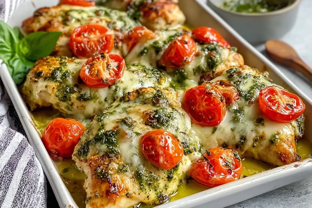Pesto Chicken Bake with tender baked chicken breasts smothered in basil pesto, melted mozzarella cheese, and juicy roasted cherry tomatoes in a casserole dish.
