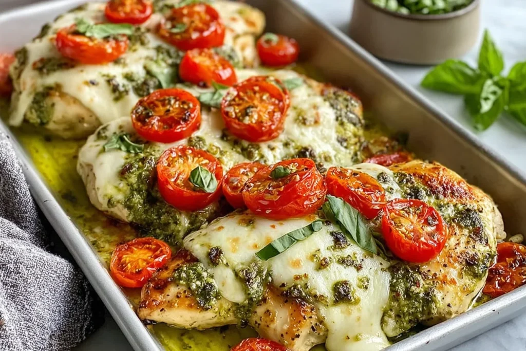Pesto Chicken Bake with juicy chicken breasts topped with basil pesto, melted mozzarella, and roasted cherry tomatoes baked to golden perfection.