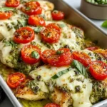 Pesto Chicken Bake with juicy chicken breasts topped with basil pesto, melted mozzarella, and roasted cherry tomatoes baked to golden perfection.