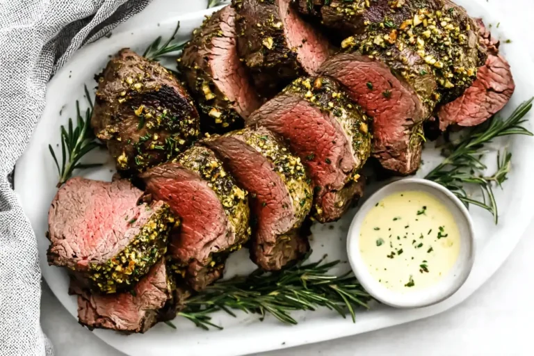 Sliced Beef Tenderloin Roast with garlic herb crust served with creamy sauce and fresh rosemary on a white platter.