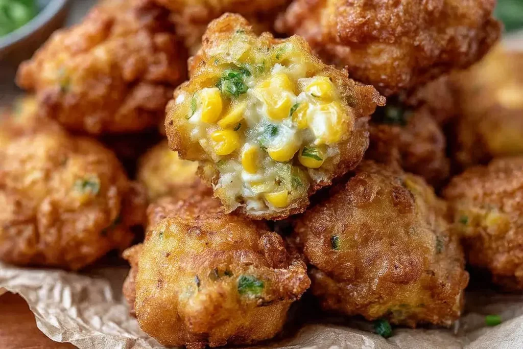 Golden, crispy Jalapeno Corn Nuggets filled with sweet corn, melty cheese, and diced jalapeños, stacked fresh and hot.