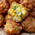 Golden, crispy Jalapeno Corn Nuggets filled with sweet corn, melty cheese, and diced jalapeños, stacked fresh and hot.