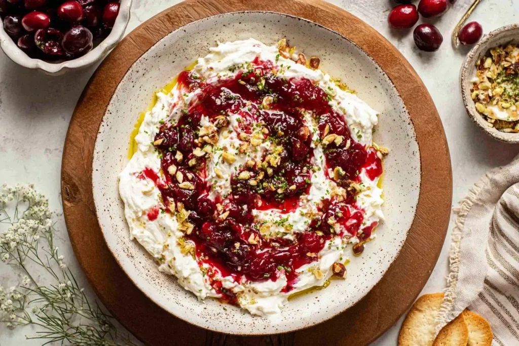 Cranberry Whipped Feta Dip topped with cranberry sauce, chopped pistachios, and honey in a rustic bowl.