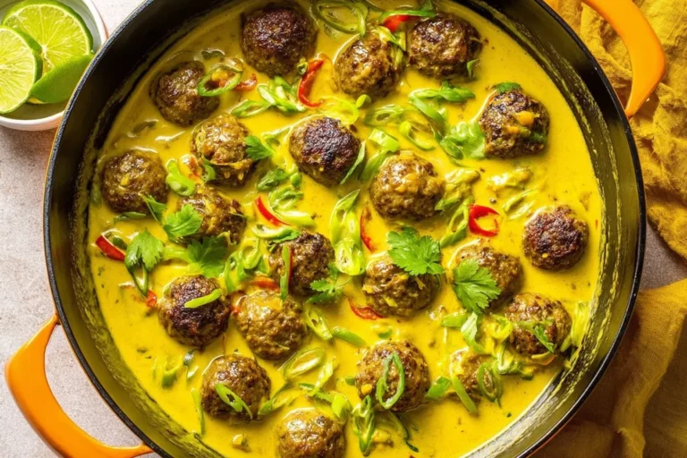 Jerk Meatballs In Coconut Curry Sauce simmering in a skillet with creamy golden curry, sliced scallions, fresh cilantro, and red peppers.