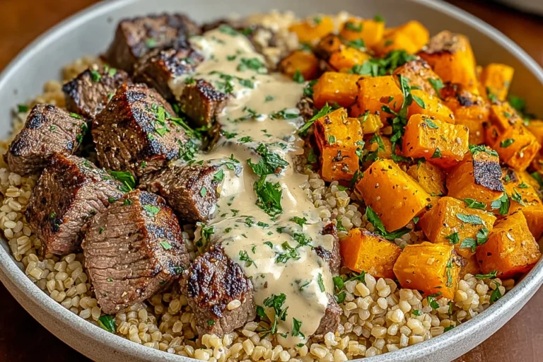 Butternut Squash and Garlic Herb Steak Bowls with roasted squash, juicy steak, grains, and creamy herb sauce, served in a hearty bowl.