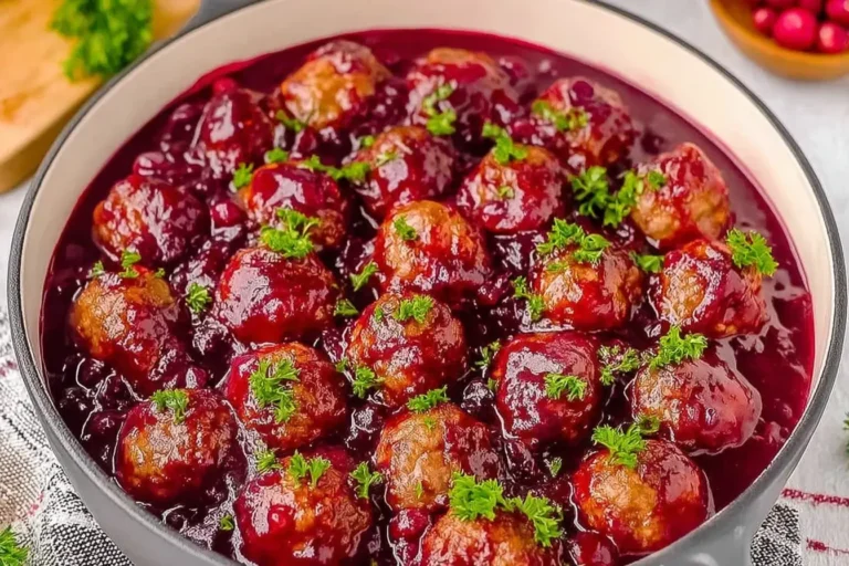 Christmas Cranberry Meatballs simmering in a glossy sweet-tart cranberry sauce, garnished with fresh parsley in a festive serving pot.