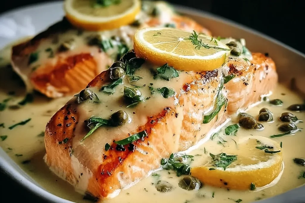 Creamy Lemon Salmon Piccata featuring golden pan-seared salmon topped with lemon slices, capers, fresh herbs, and a smooth creamy lemon sauce.