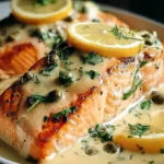 Creamy Lemon Salmon Piccata featuring golden pan-seared salmon topped with lemon slices, capers, fresh herbs, and a smooth creamy lemon sauce.