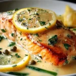Creamy Lemon Salmon Piccata with pan-seared salmon, lemon slices, capers, and a rich creamy lemon butter sauce served on a white plate.
