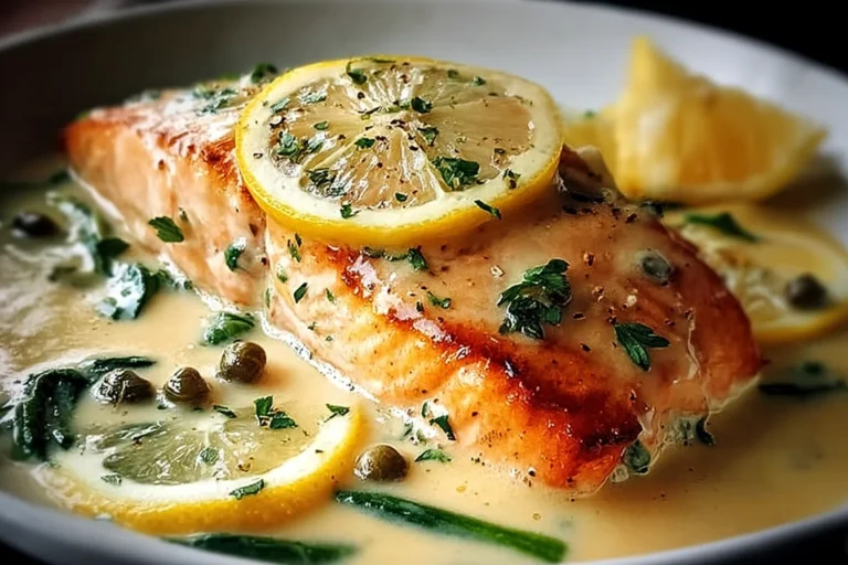 Creamy Lemon Salmon Piccata with pan-seared salmon, lemon slices, capers, and a rich creamy lemon butter sauce served on a white plate.