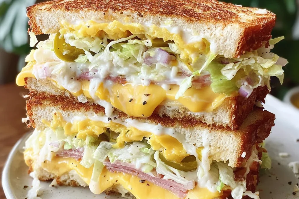 Viral Grinder Grilled Cheese Sandwich stacked high with golden toasted bread, melty cheddar, deli meat, creamy grinder dressing, shredded lettuce, and banana peppers.
