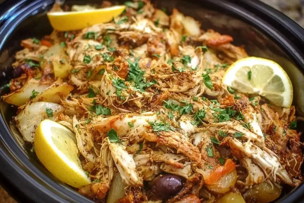 Slow Cooker Chicken Shawarma with tender shredded chicken, warm spices, potatoes, olives, and fresh lemon slices cooked to perfection