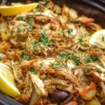 Slow Cooker Chicken Shawarma with tender shredded chicken, warm spices, potatoes, olives, and fresh lemon slices cooked to perfection
