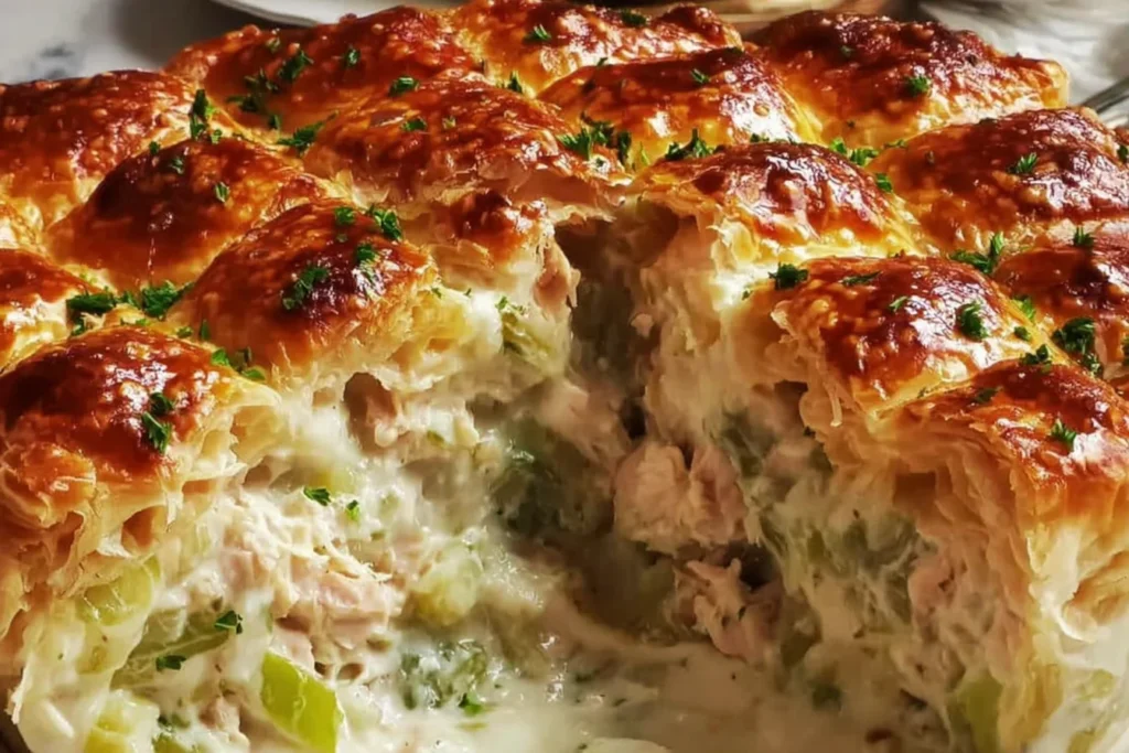 Mary Berry Chicken And Leek Pie sliced open to reveal a creamy chicken and leek filling under flaky, golden puff pastry